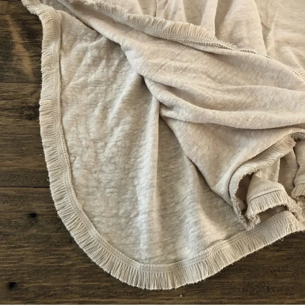 J Jill Womens M/L 100% Linen Beige Poncho Top‎ Short Sleeves Fringe Cover Up Tan